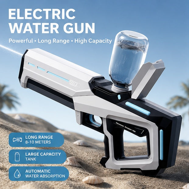 Electric water gun with automatic water feeding, front view on a beach