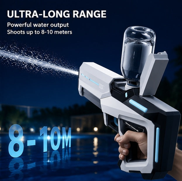 Electric water gun shooting a continuous jet up to 8-10 meters at a pool at night