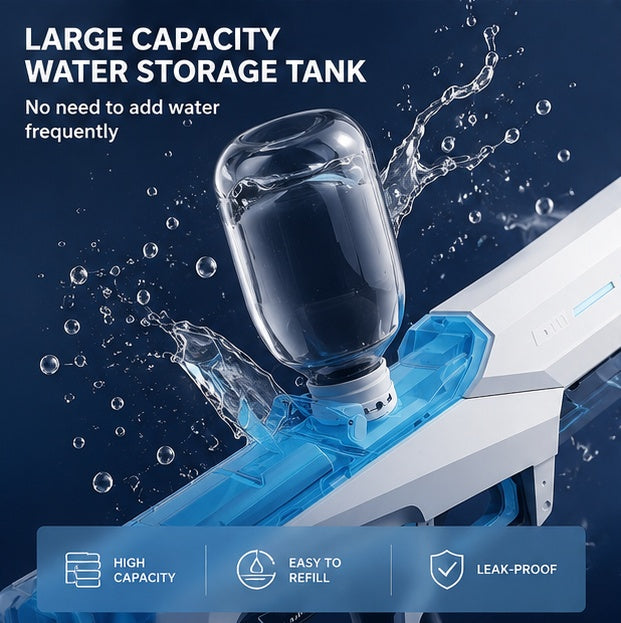 Close-up of the electric water gun's large capacity automatic water intake tank