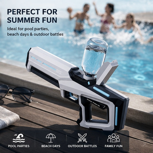 Electric water gun resting poolside, ideal for pool parties and summer water fights